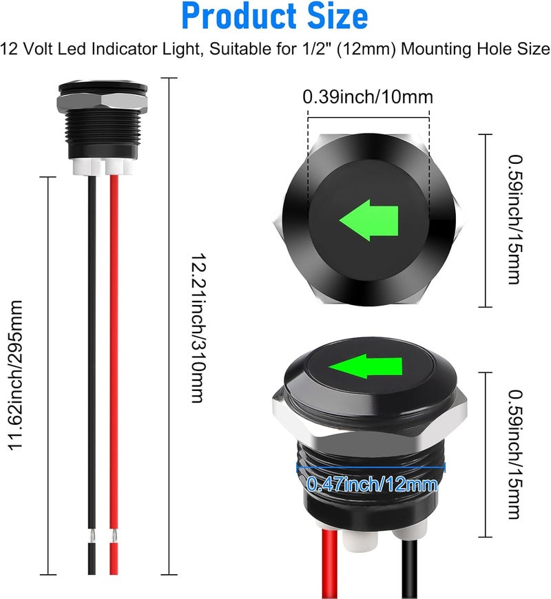 Linkstyle 2PCS 12V ضوء مؤشر LED، مقاوم للماء 1/2" قطع لوحة ضوء إشارة يسار/يمين مع أسلاك 310MM 26AWG للسيارات والشاحنات - Image 2